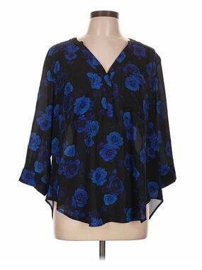 Torrid Blue Floral Chiffon Blouse Size 2 | Black & Cobalt Blue | 3/4 Sleeve